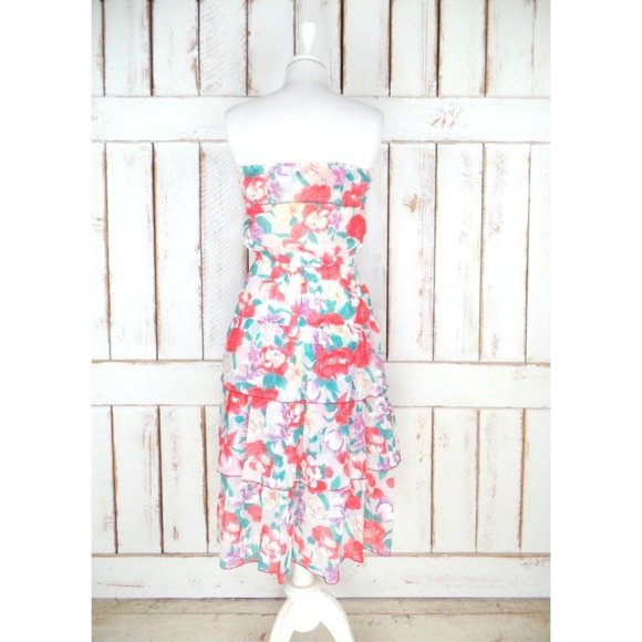 70s vintage red and ivory tropical floral gauzy sheer strapless ruffle dress - Picture 4 of 5